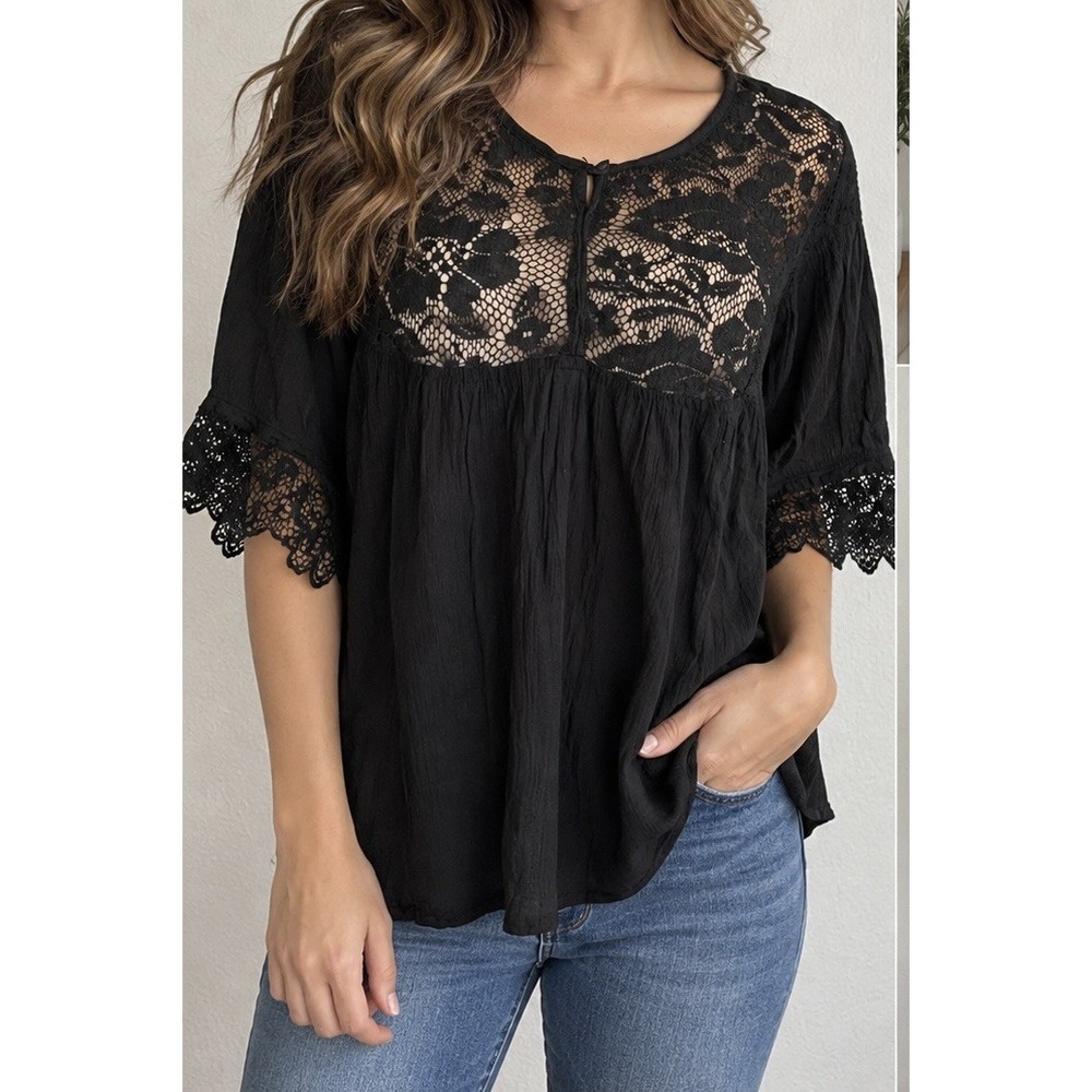 Marisol Blouse Women OS Black Lace Yoke Short Sleeve Gauze Boho Peasant Top